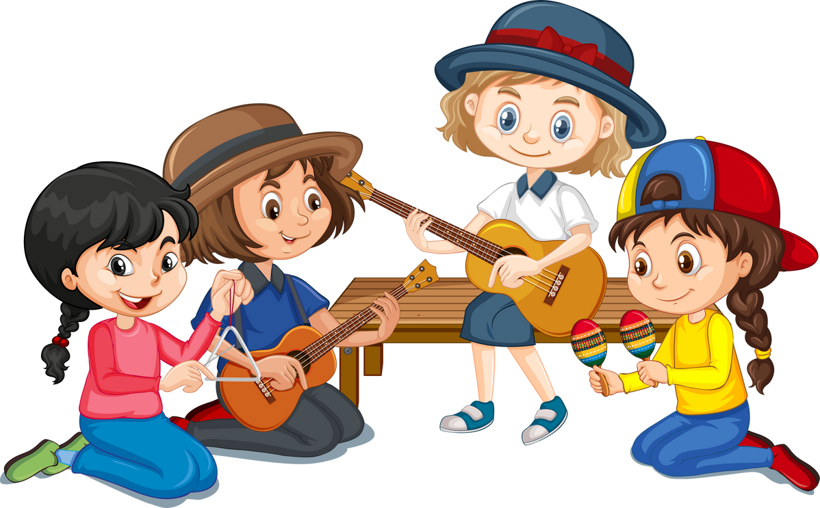 Group of girls playing different instruments on white backgr