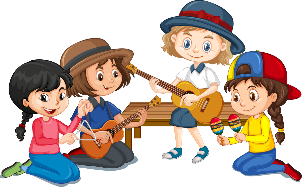 Group of girls playing different instruments on white backgr